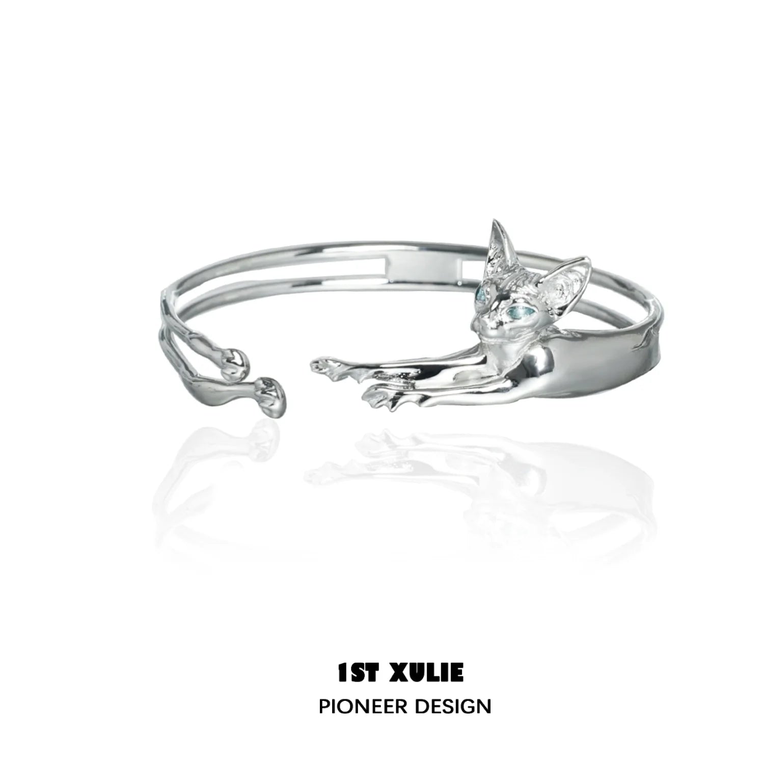 Silver Y2K cat bracelet featuring a playful cat design with sparkling details