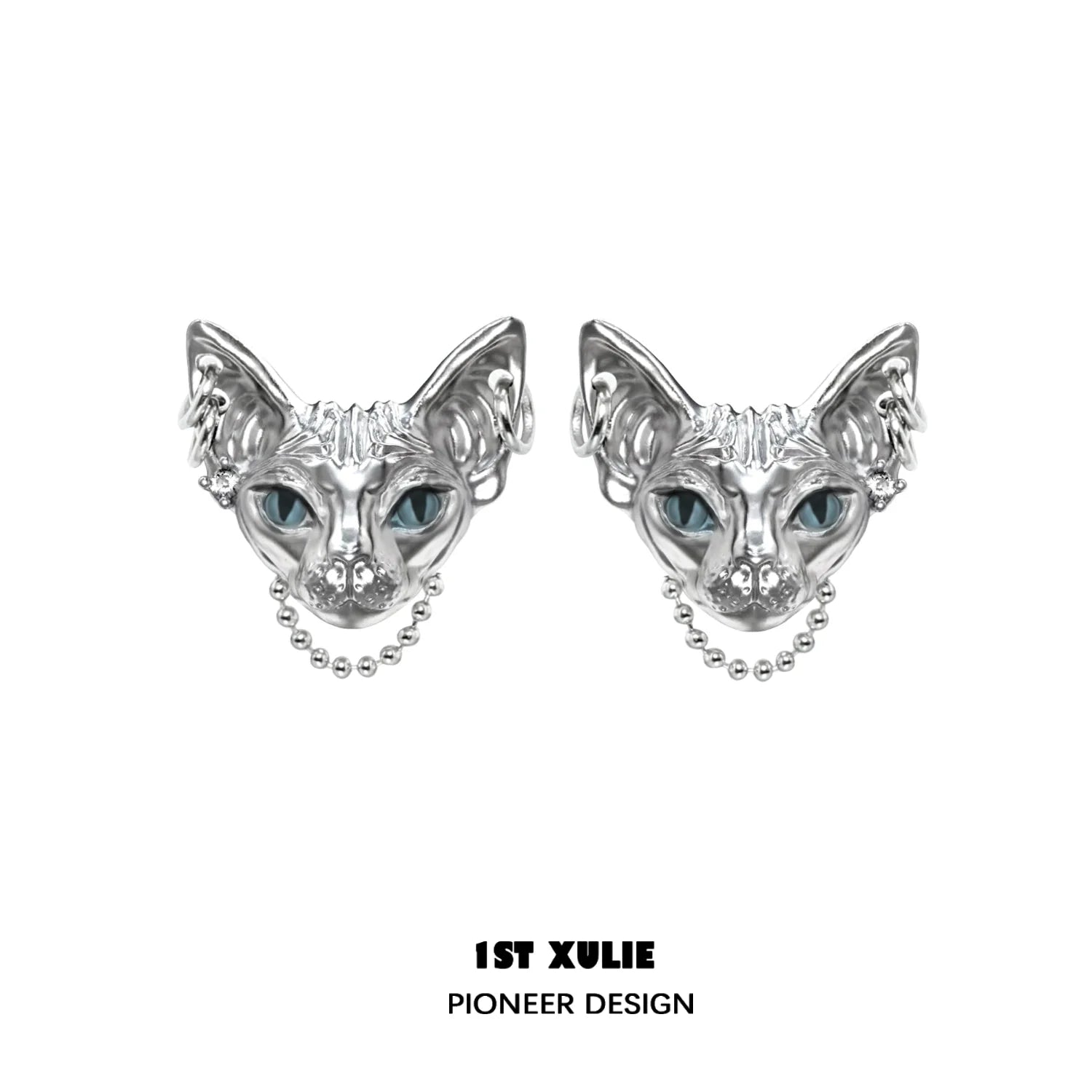 Stylish Y2K cat chain earrings featuring intricate silver cat design with blue eyes