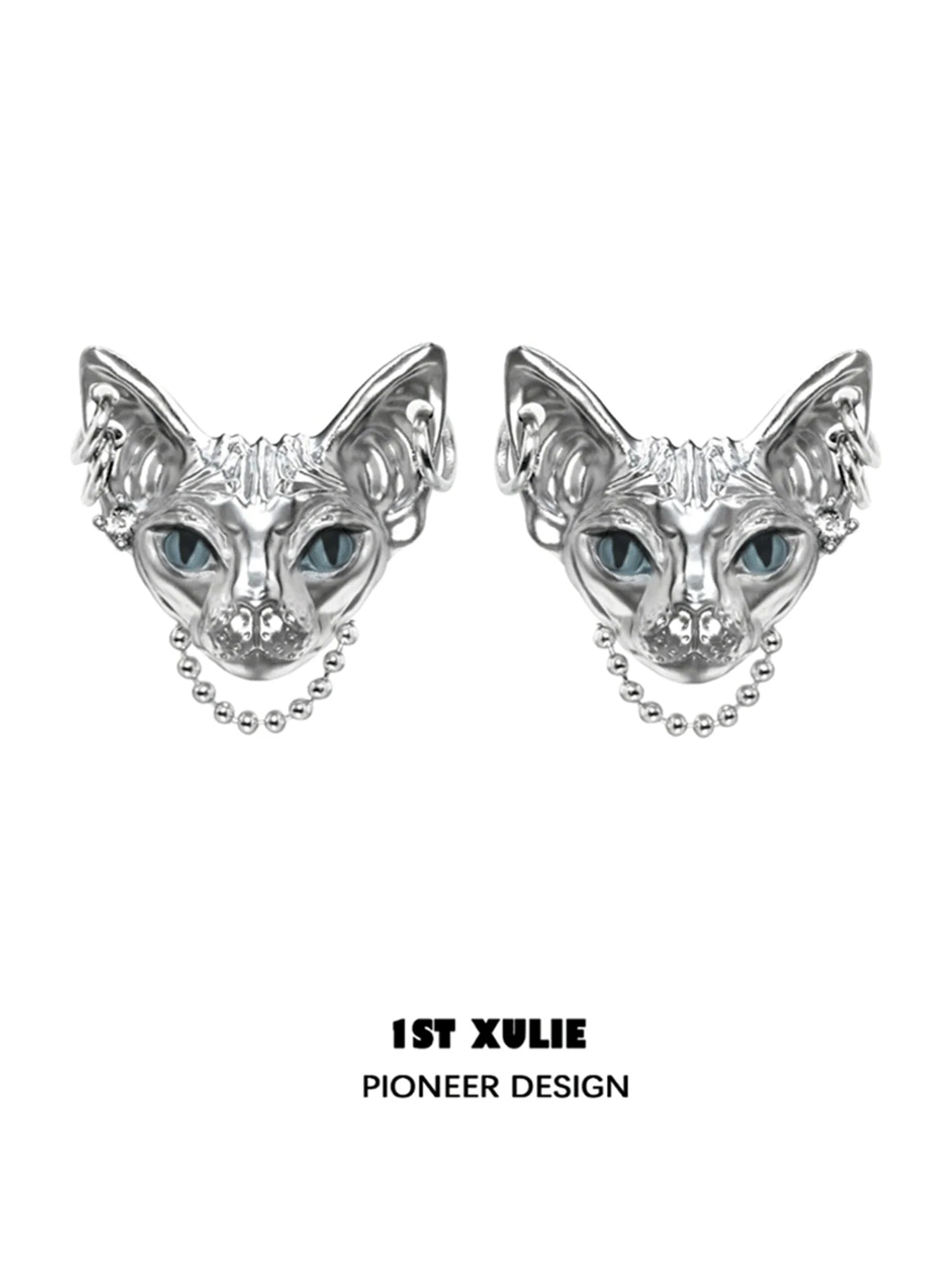 Y2K cat chain earrings in silver with intricate cat face design and blue eyes