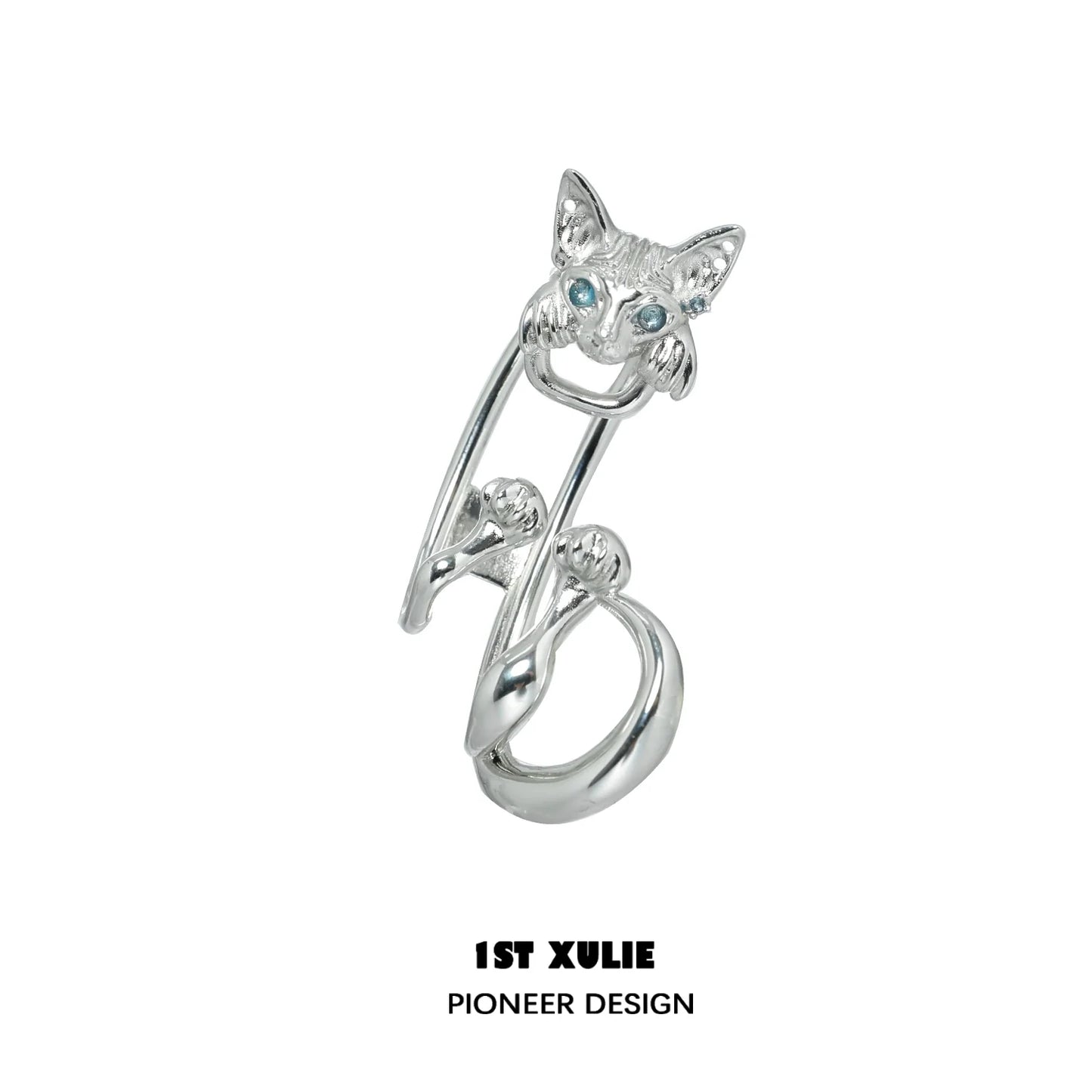 Y2K cat ear cuff in silver with a whimsical cat design and sparkling gemstones