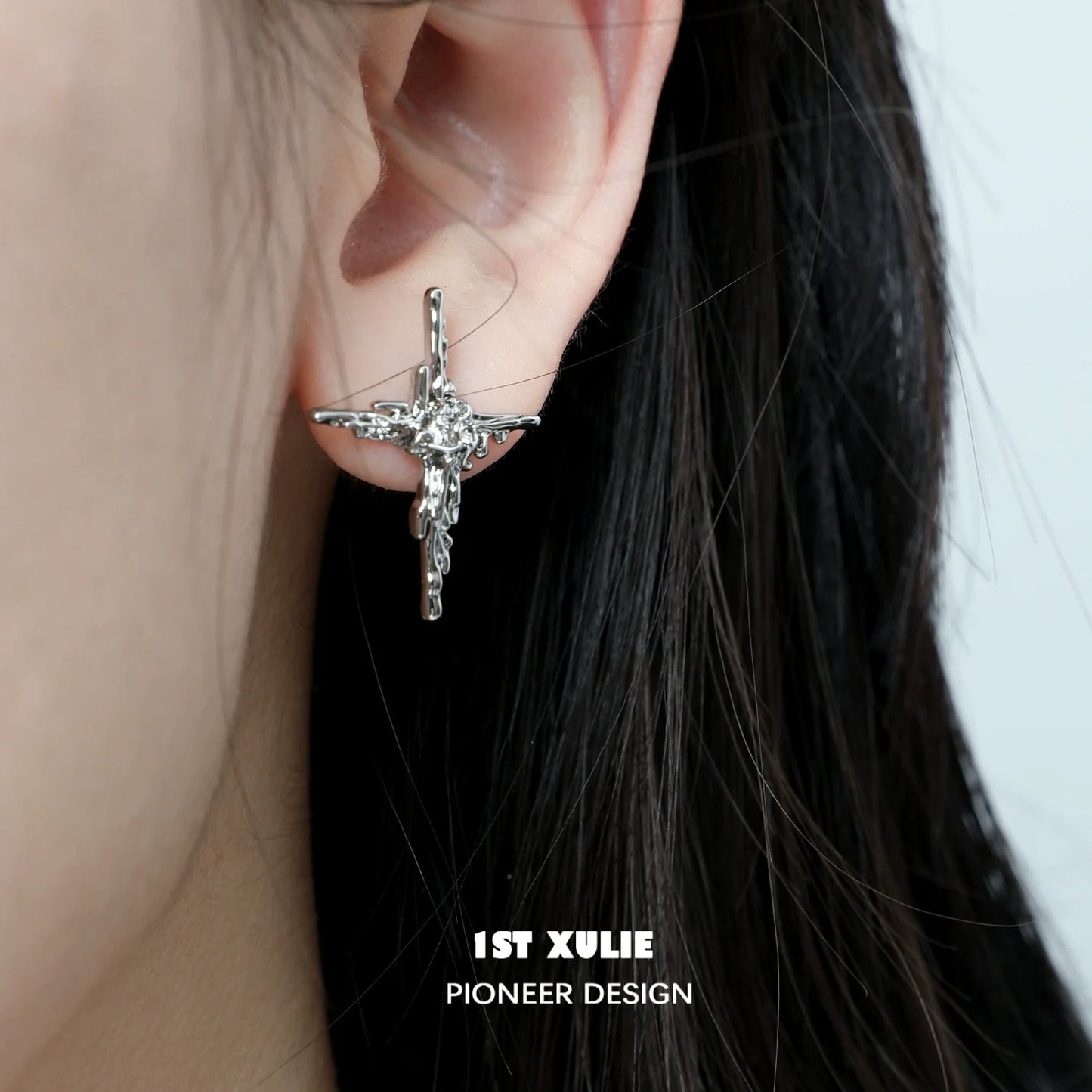 Y2K cross stud earrings in silver design featuring hanging chain accents for a trendy look