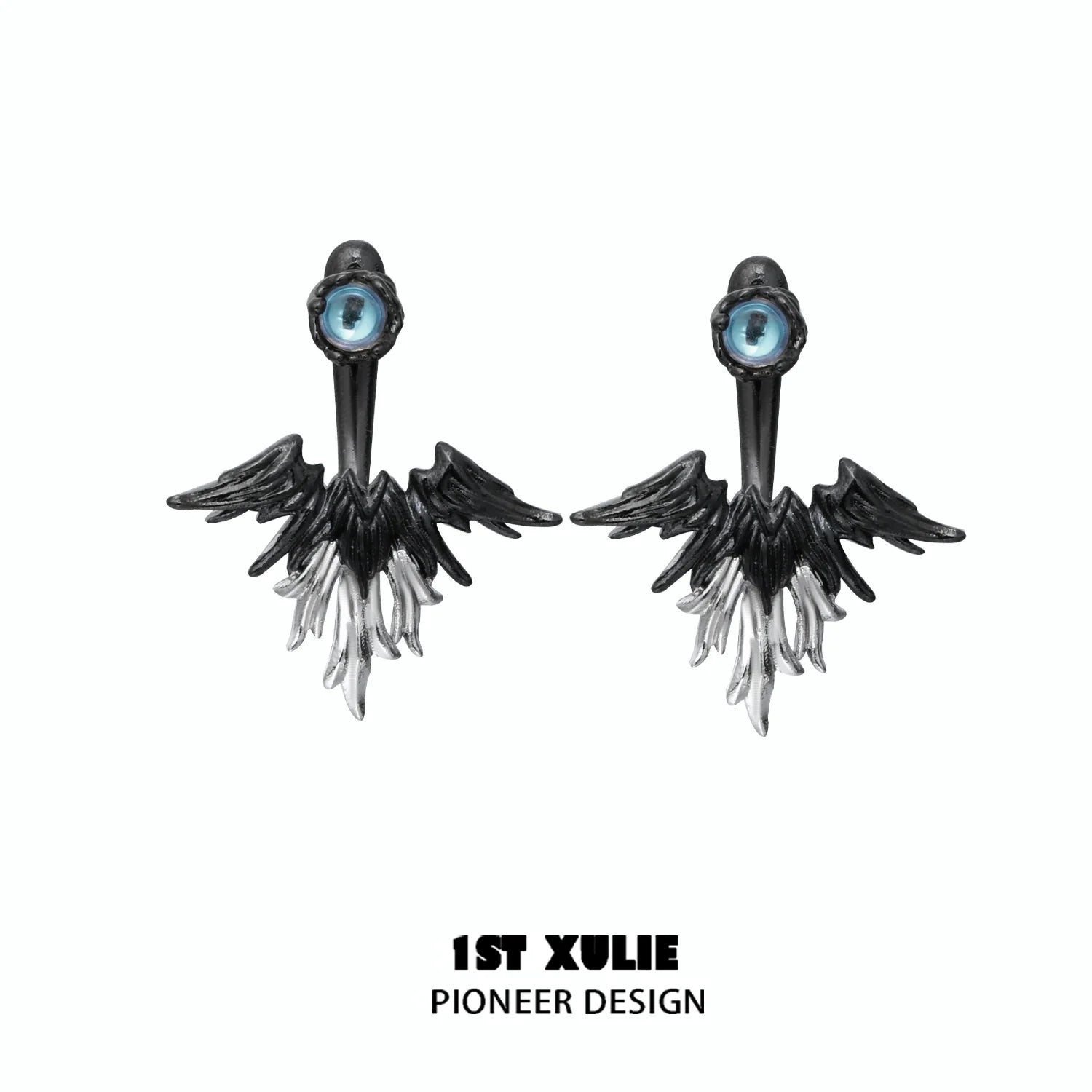 Y2K devil wing earrings featuring a striking black and white design with an eye detail