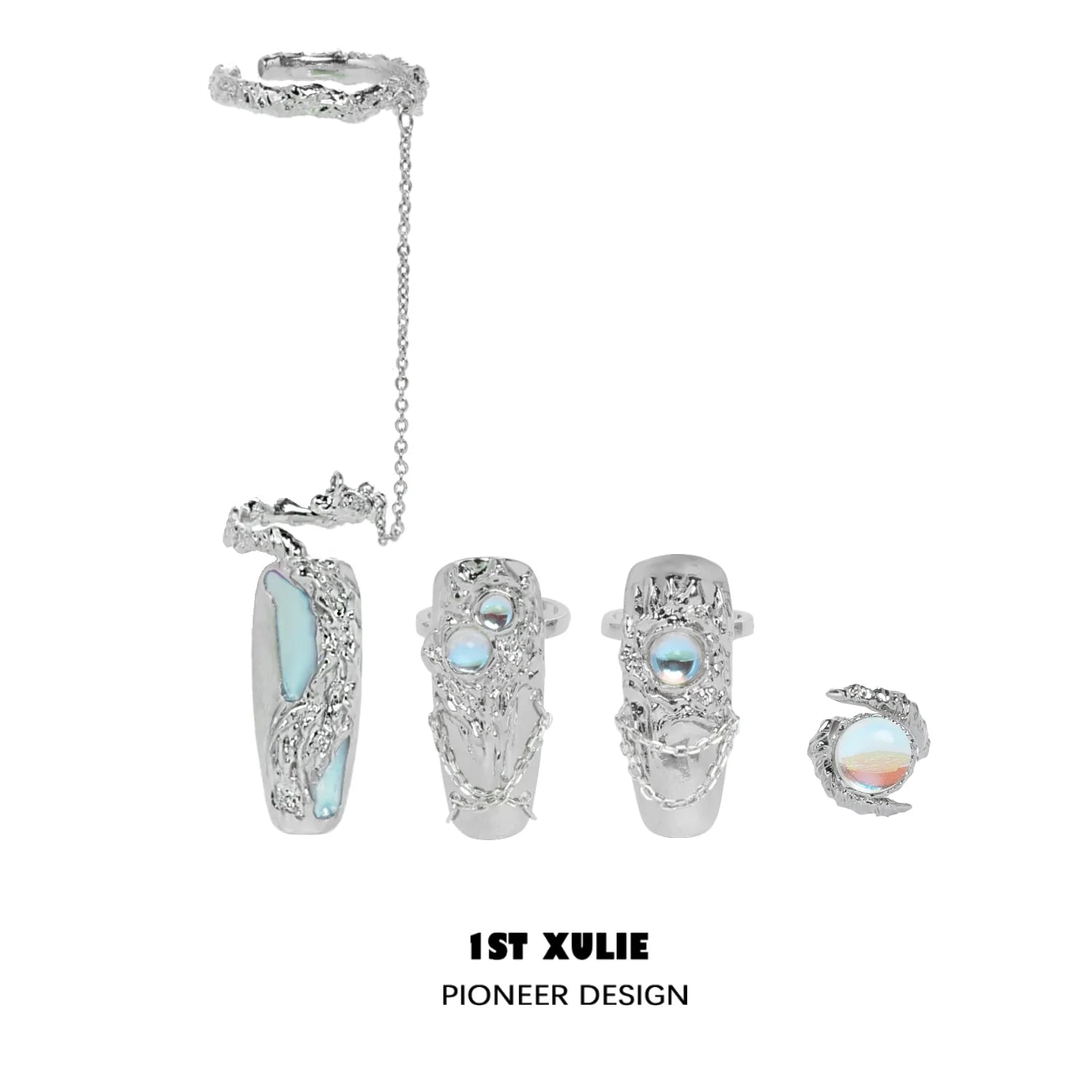 Y2K fairy nail chain ring set from 1STXULIE featuring unique textured designs and colorful gems