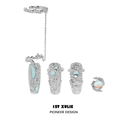 Y2K fairy nail chain ring set from 1STXULIE featuring unique textured designs and colorful gems