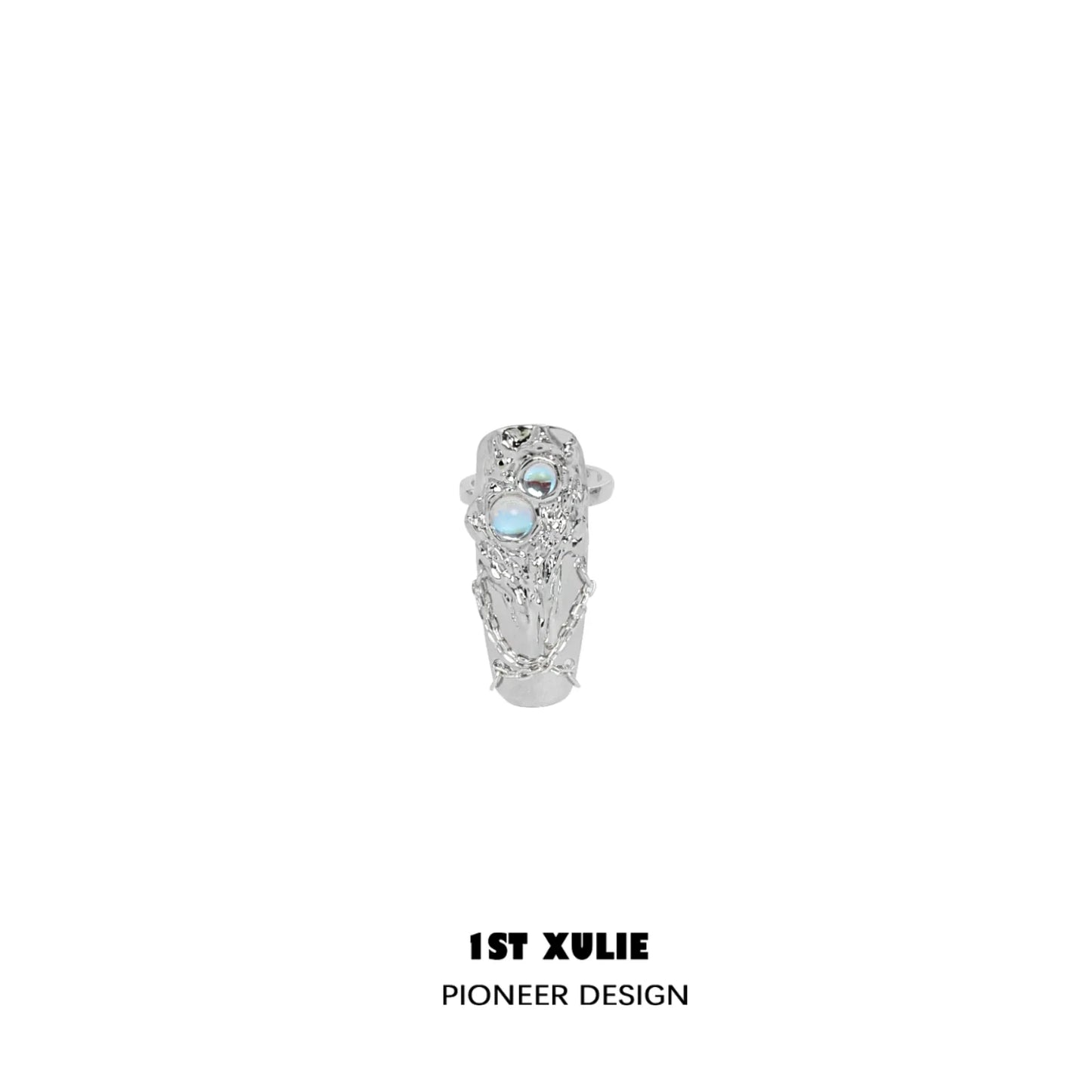 1ST XULIE Y2K fairy nail chain ring in silver with intricate design and an opal gemstone