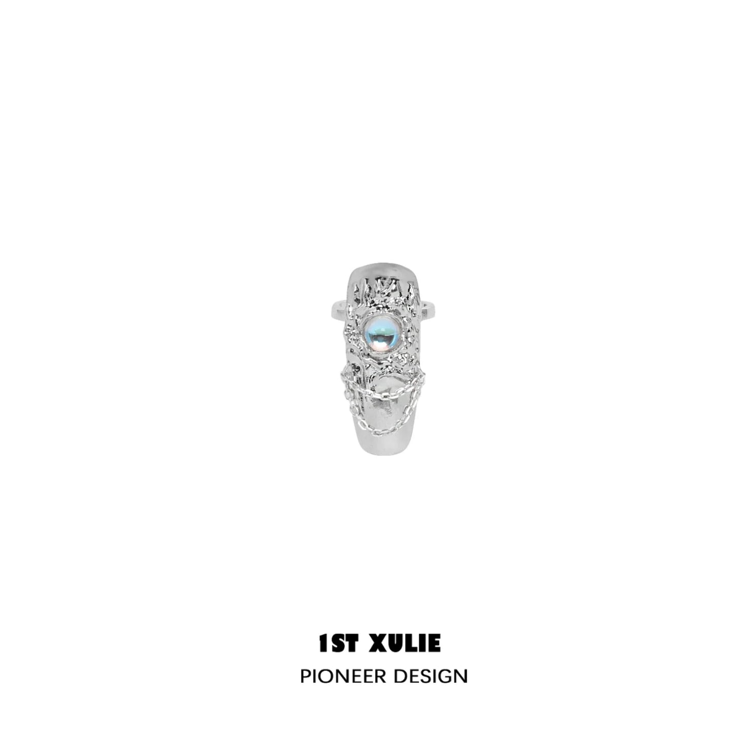 1STXULIE Silver Y2K fairy nail chain ring featuring a unique design with a colorful stone