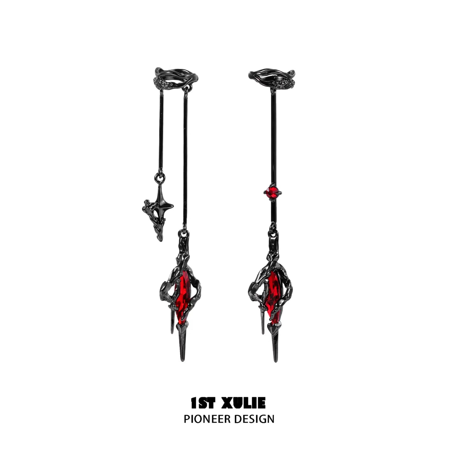 Black 1STXULIE Y2K fantasy earrings featuring red gems and unique design for stylish outfits