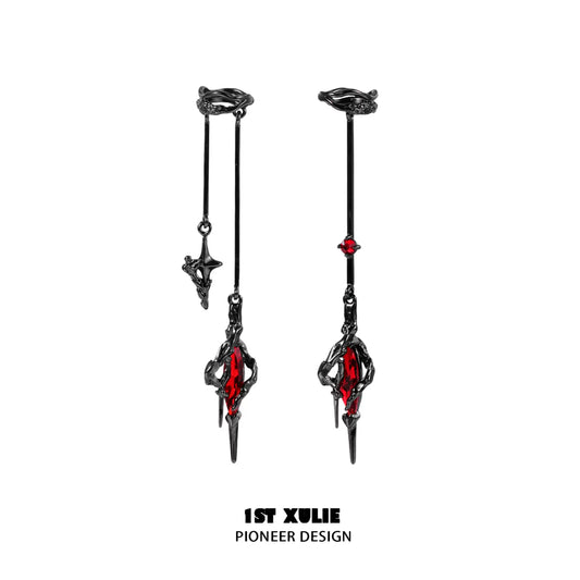 Black 1STXULIE Y2K fantasy earrings featuring red gems and unique design for stylish outfits