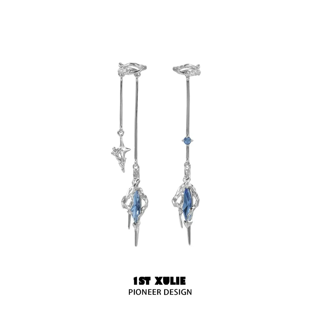 1ST XULIE Y2K fantasy earrings with silver tones and blue gemstone accents for a unique style