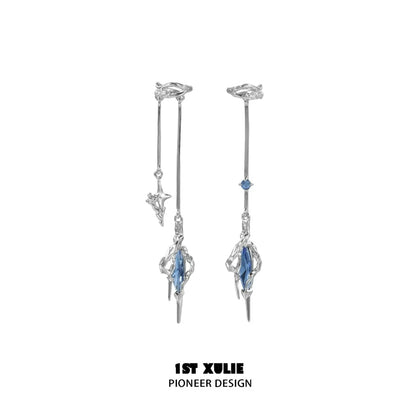 1ST XULIE Y2K fantasy earrings with silver tones and blue gemstone accents for a unique style