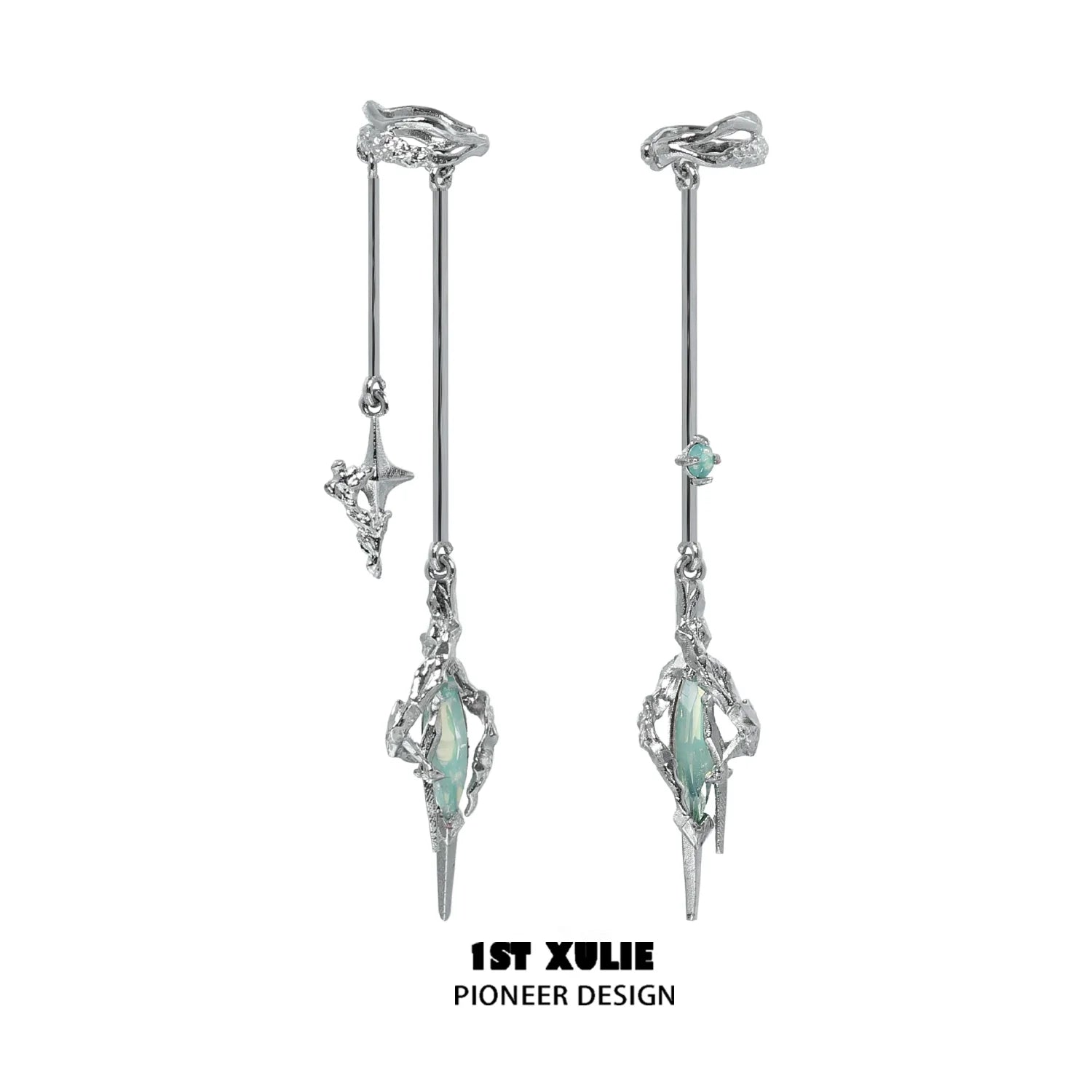 Y2K fantasy earrings with silver design and green gemstones for a stylish look