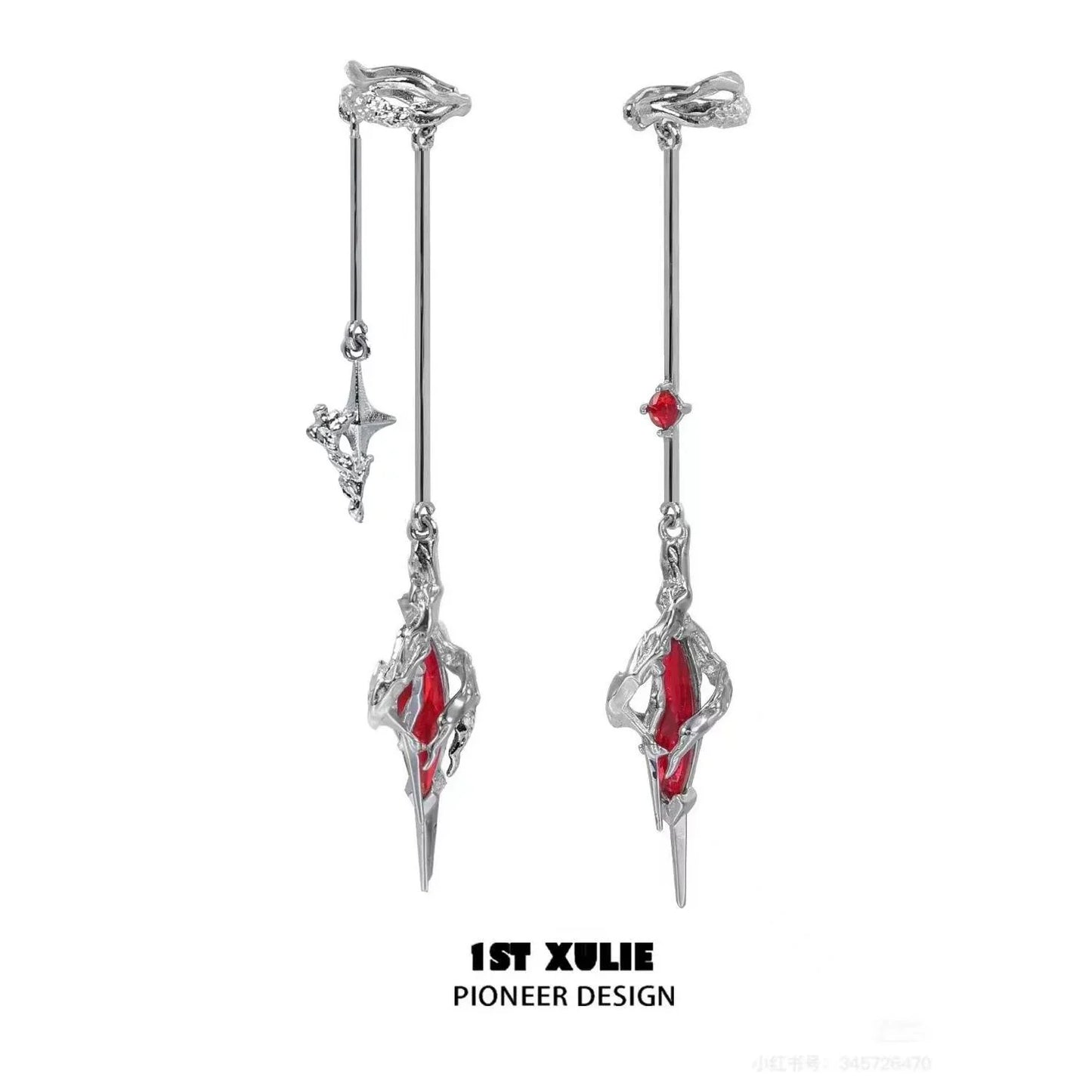 1STXULIE Y2K fantasy earrings with silver finish and red gemstone accents for a unique style