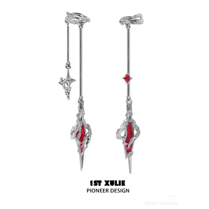 1STXULIE Y2K fantasy earrings with silver finish and red gemstone accents for a unique style