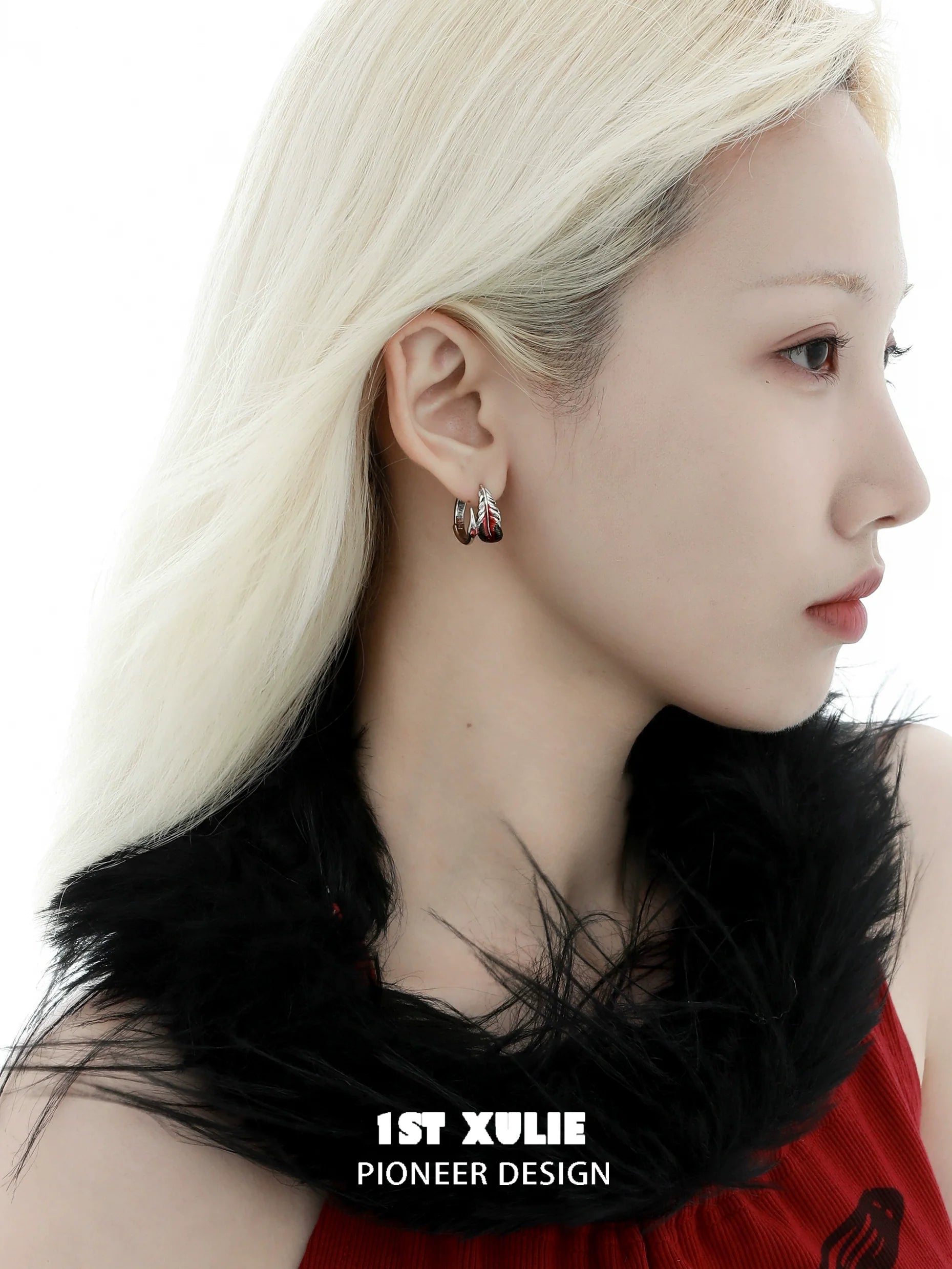 Model wearing Y2K feather earrings, showcasing a stylish and trendy design perfect for modern fashion.