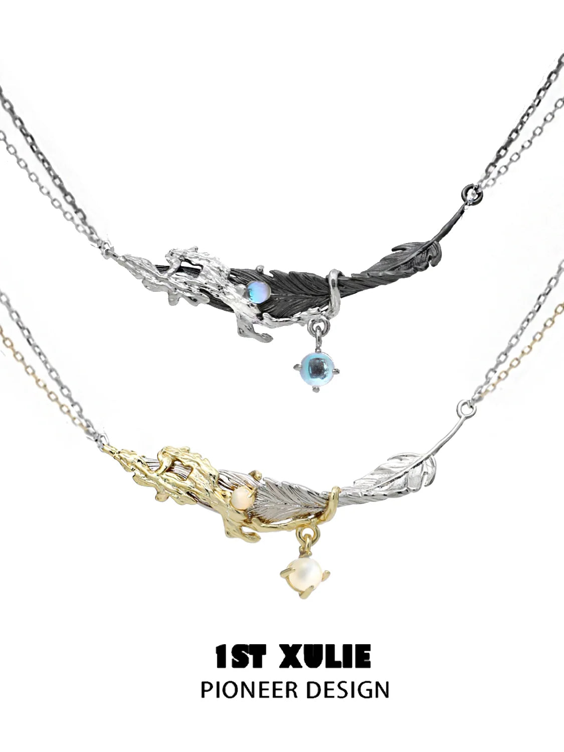 Y2K feather necklace from 1STXULIE featuring silver and gold designs with colorful gemstones