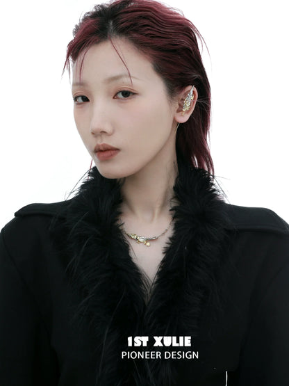 Model wearing a Y2K feather necklace that adds a stylish accent to a chic outfit