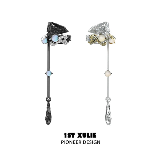 1STXULIE Y2K feather tassel ear clip featuring unique design with opal stones and metal accents