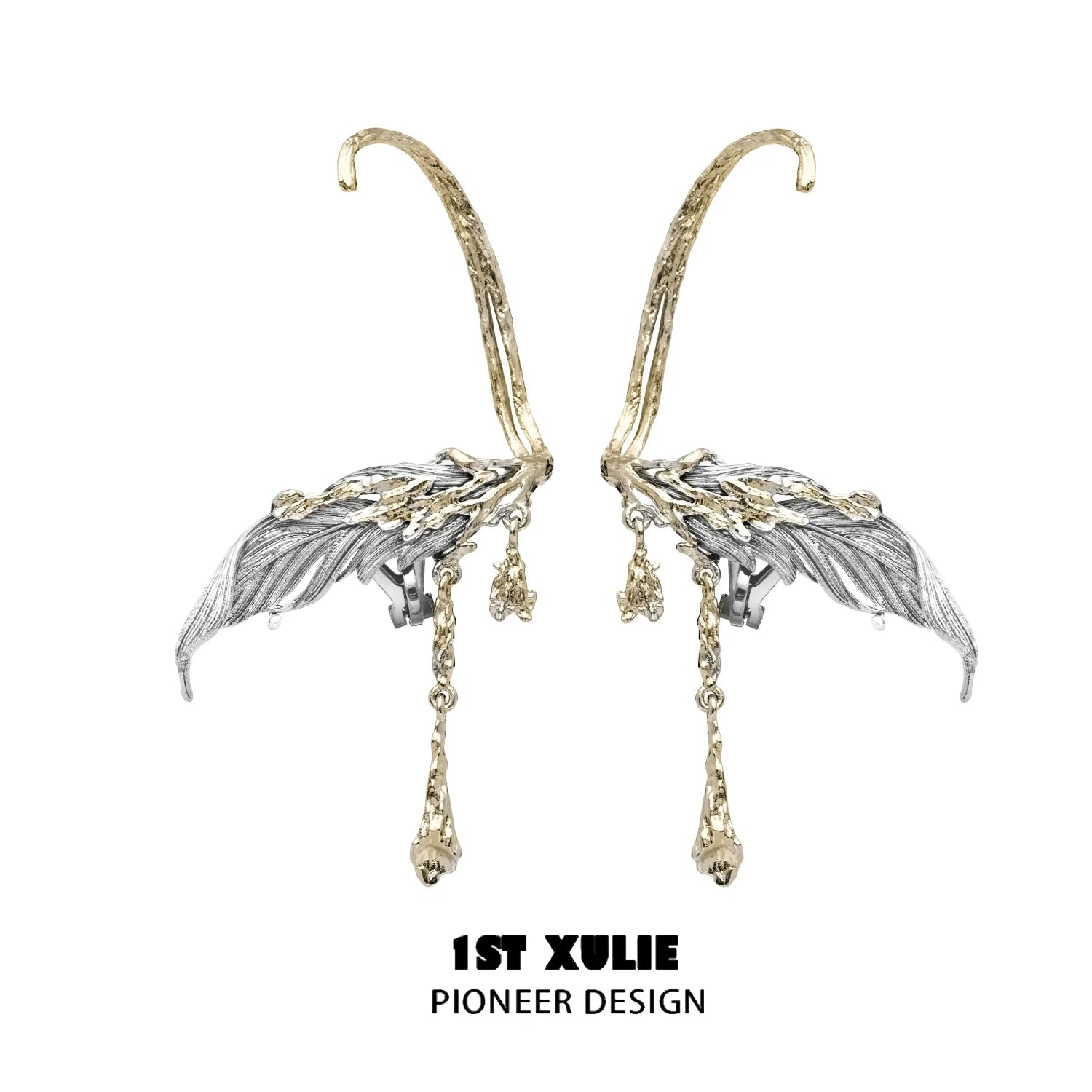 1ST XULIE Y2K feather tassel earrings with a unique design featuring silver and gold accents