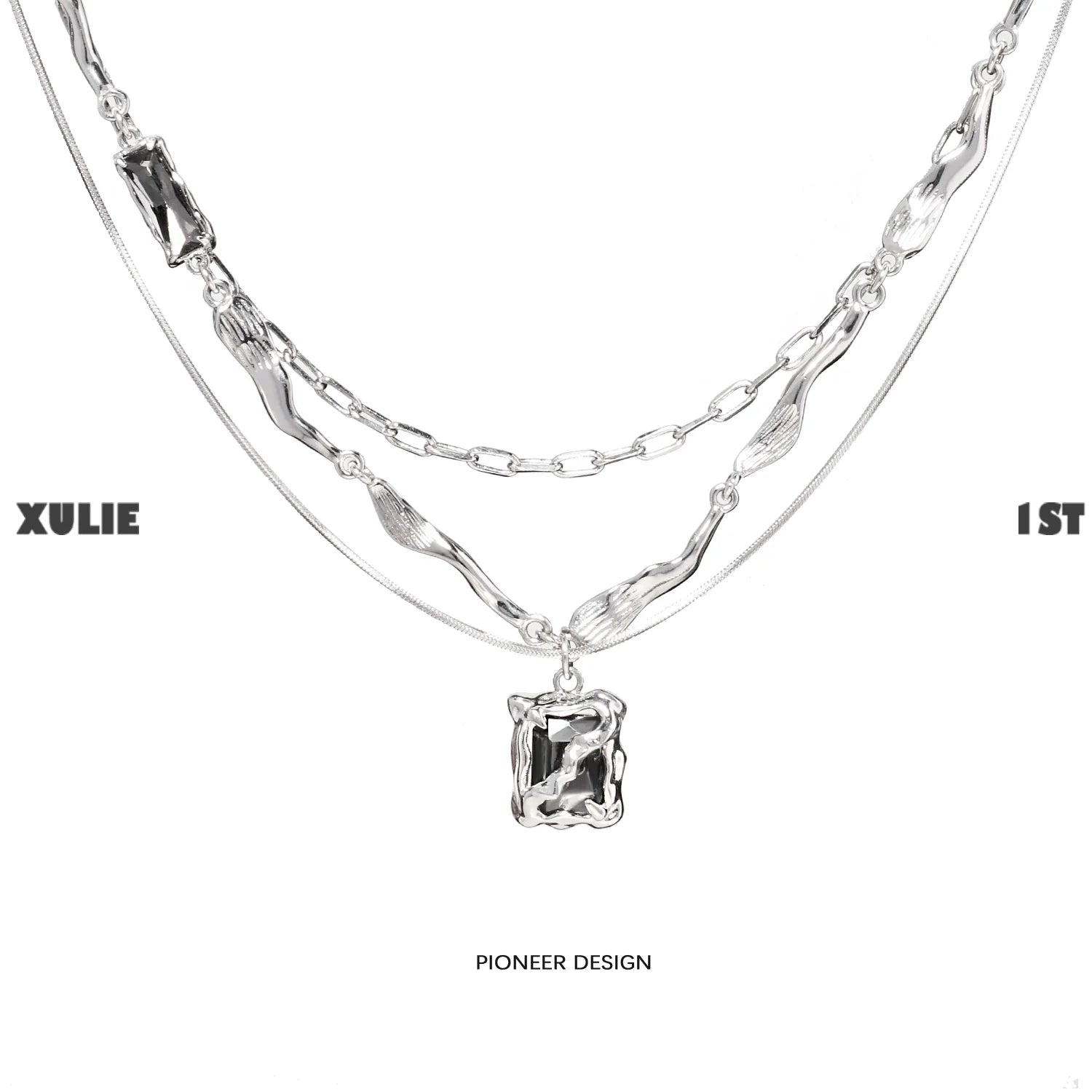 1STXULIE Y2K frost gem necklace featuring layered silver chains and a unique pendant design