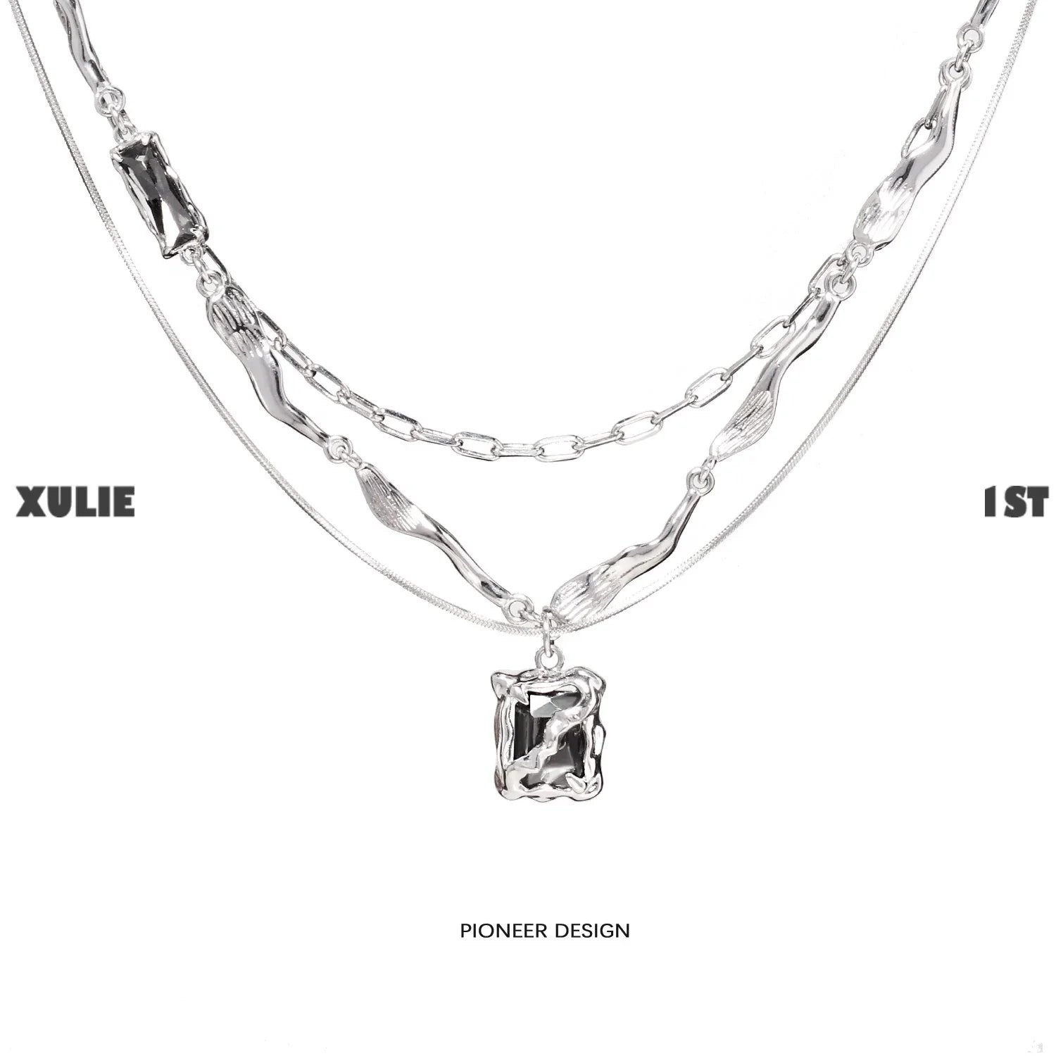 Y2K frost gem necklace featuring layered silver chains and a unique pendant design