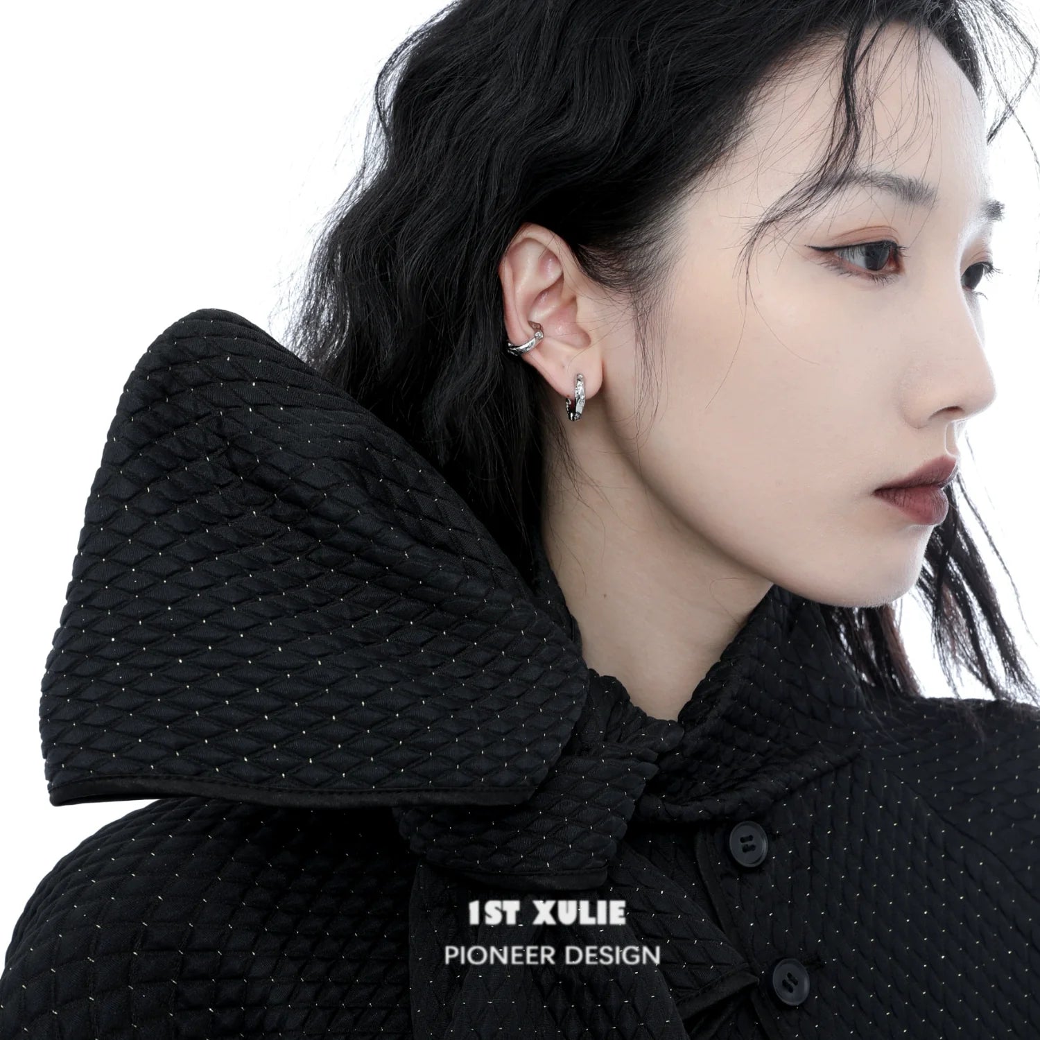 Model wearing Y2K frosted ear cuff showcasing a trendy accessory with a stylish outfit
