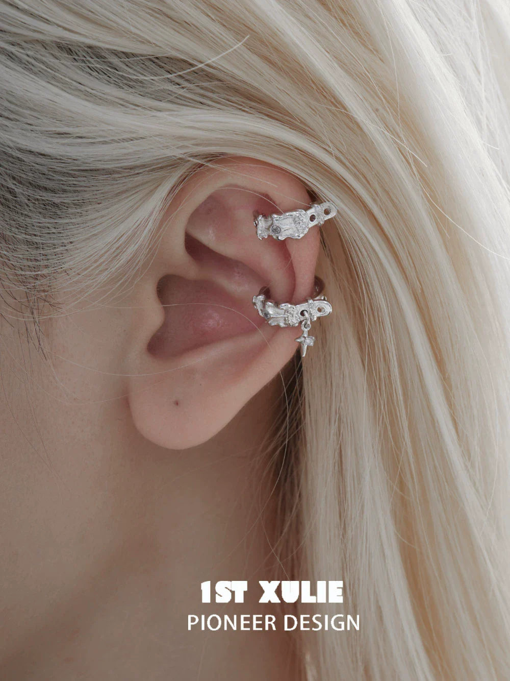 Y2K frozen breeze ear clips in silver showcased on a model's ear with long blonde hair