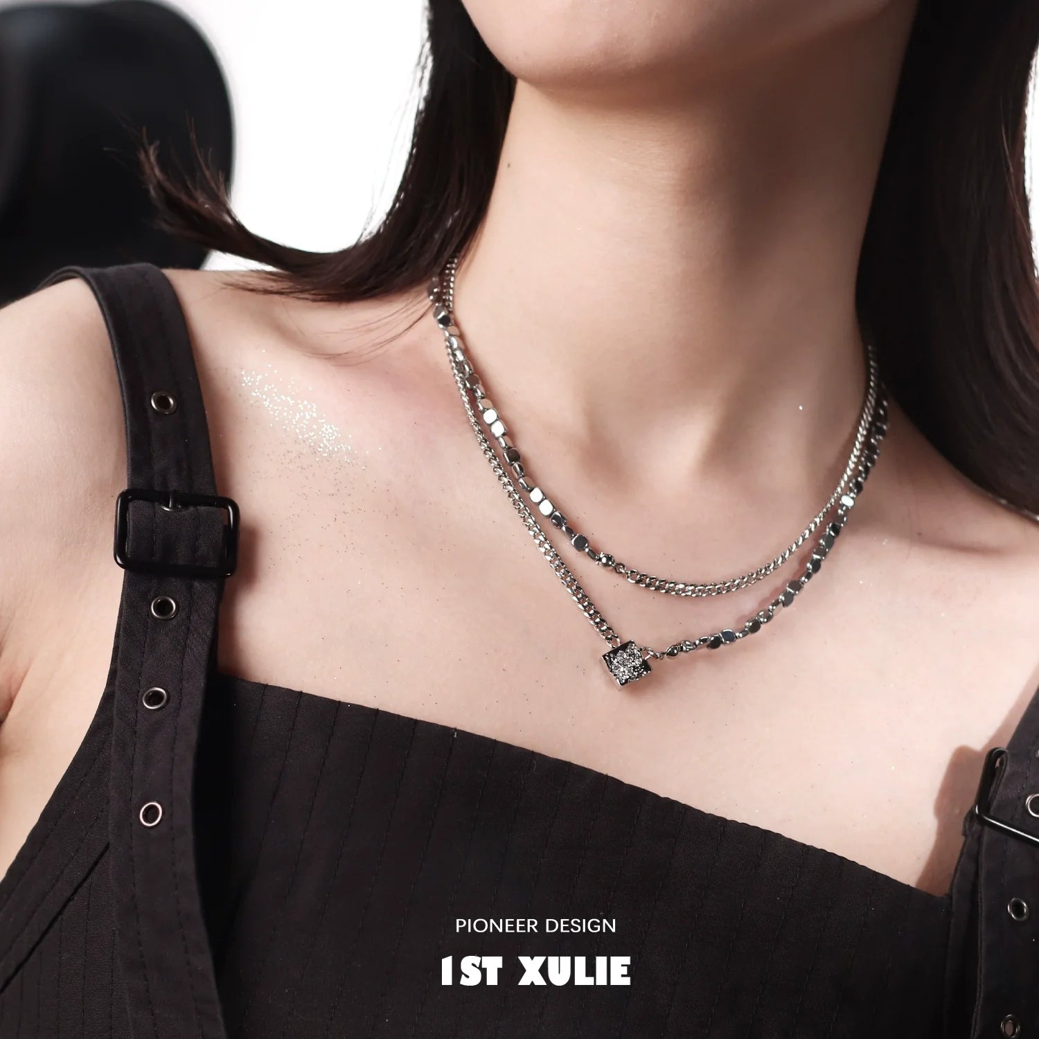 Y2K galaxy necklace featuring layered metallic chains for a trendy, celestial-inspired look