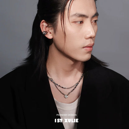 Stylish model wearing a Y2K galaxy necklace layered with other accessories for a trendy look