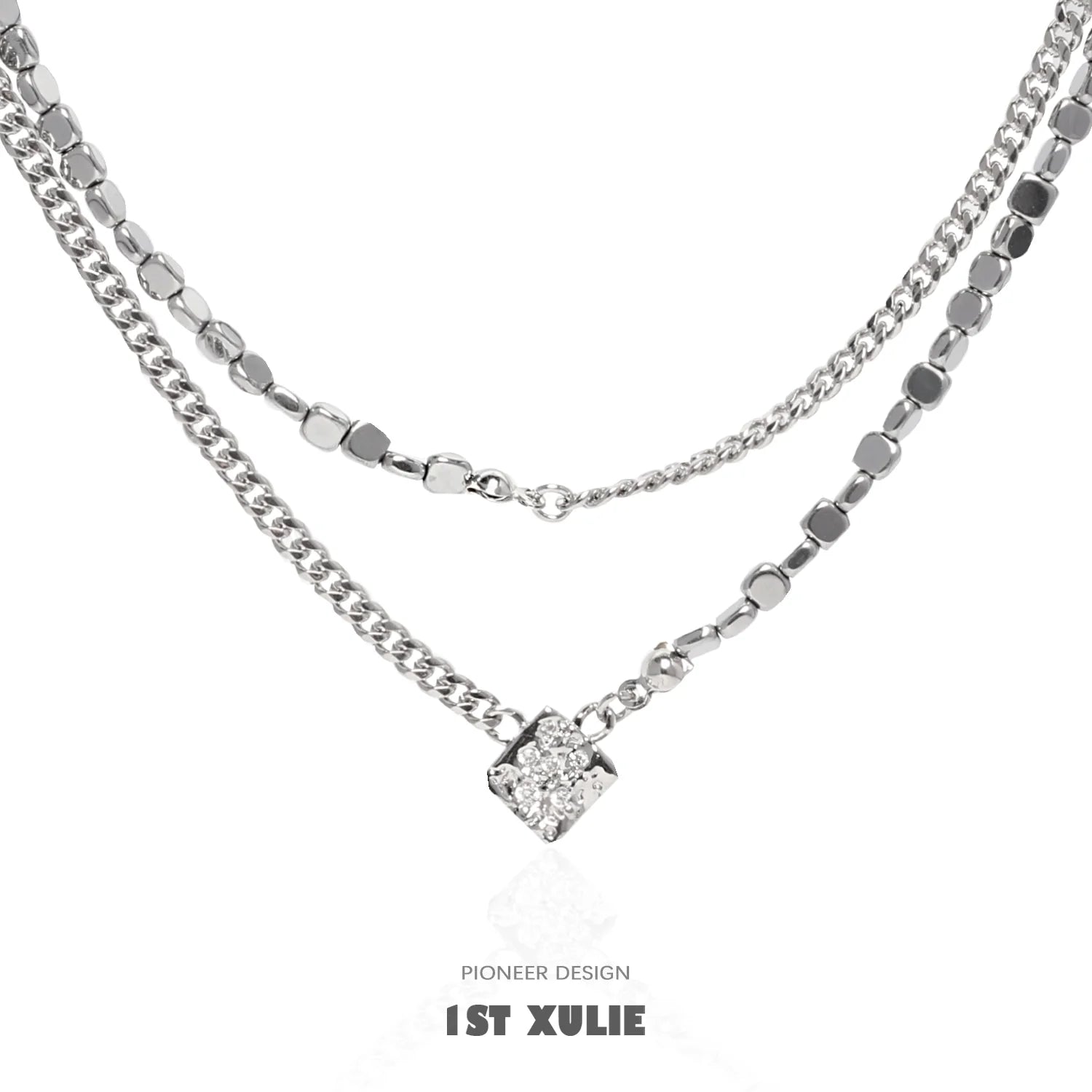 1ST XULIE Y2K galaxy necklace with layered silver chains and a sparkling centerpiece
