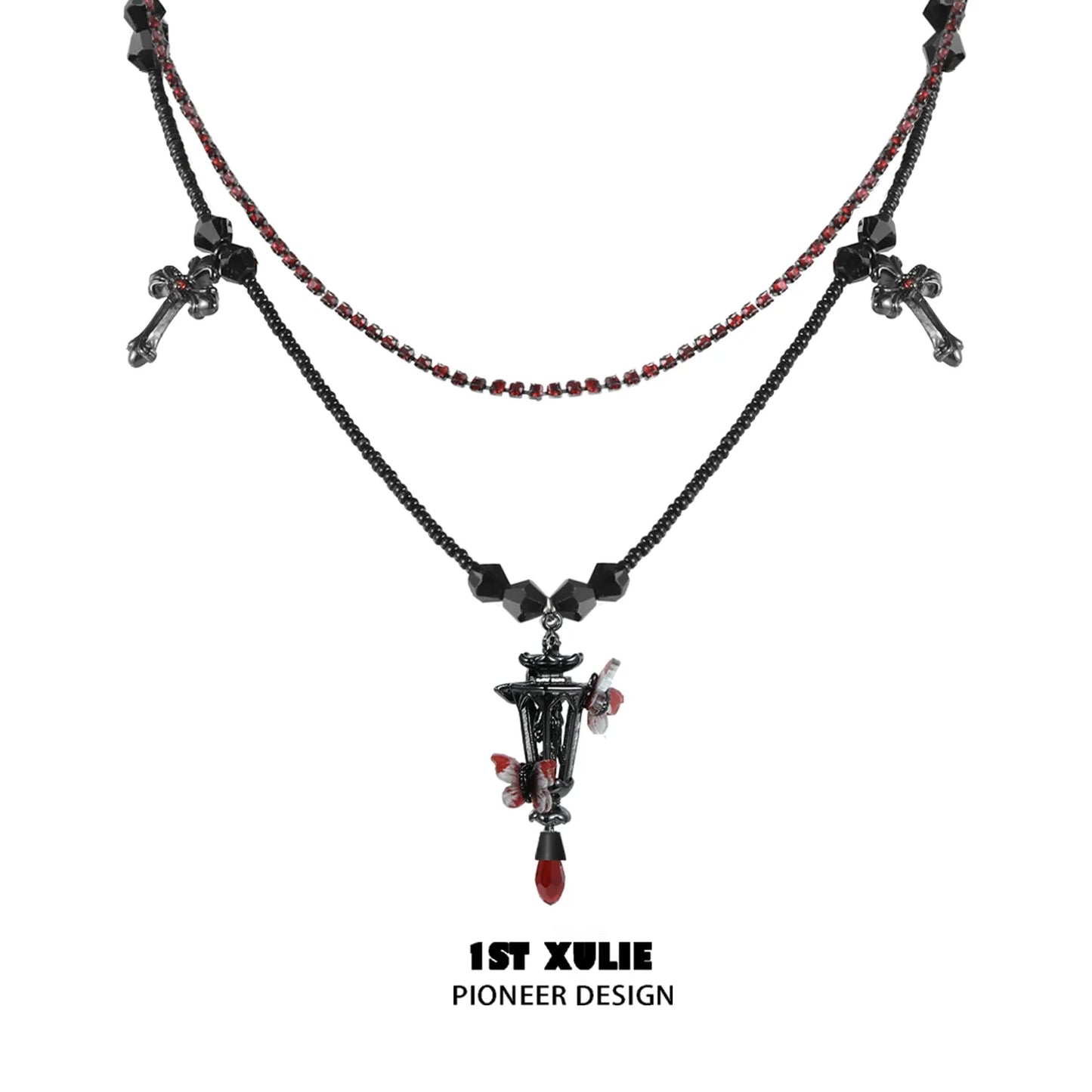 Y2K gothic butterfly necklace with layered chains and decorative elements in red and black