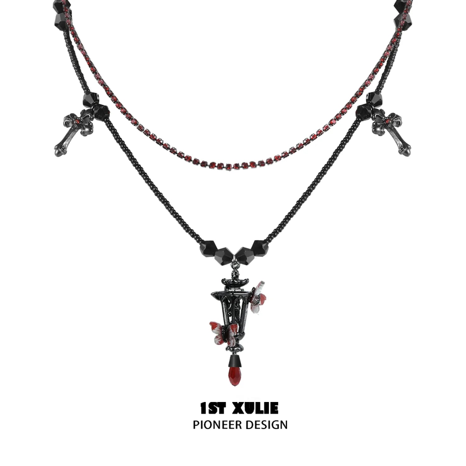 Y2K gothic butterfly necklace with layered chains and decorative elements in red and black
