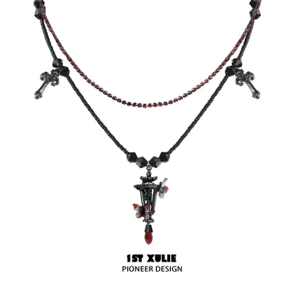 Y2K gothic butterfly necklace with layered chains and decorative elements in red and black