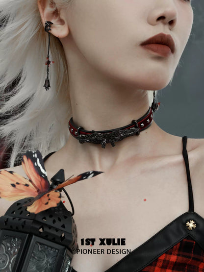 Y2K gothic butterfly necklace in black and red with intricate design and matching earrings