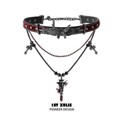 Y2K gothic butterfly necklace with layered chains, crosses, and red accents for a stylish look