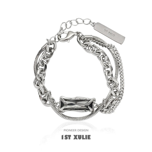 Y2K gray diamond punk bracelet with layered silver chains and a stylish design from 1STXULIE