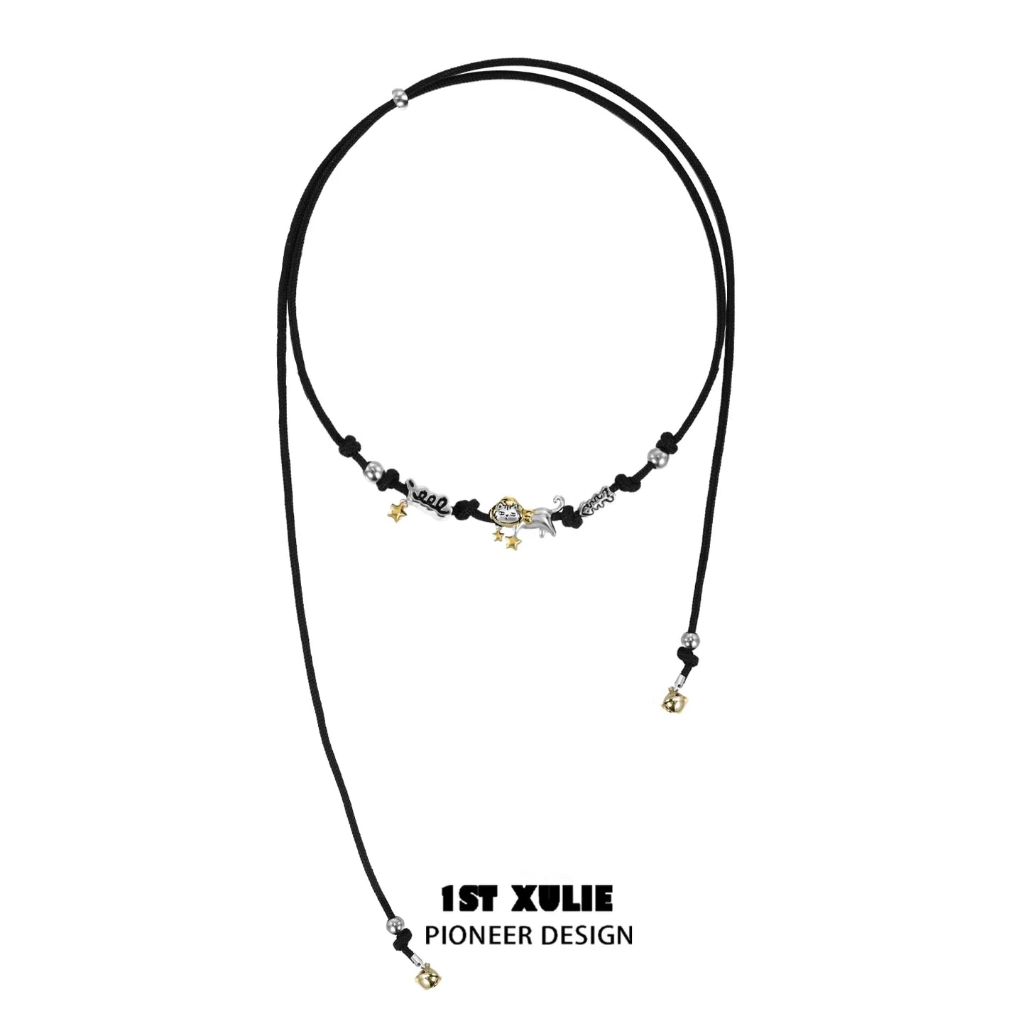 Y2K kitty leather necklace with playful charms and adjustable length for trendy style