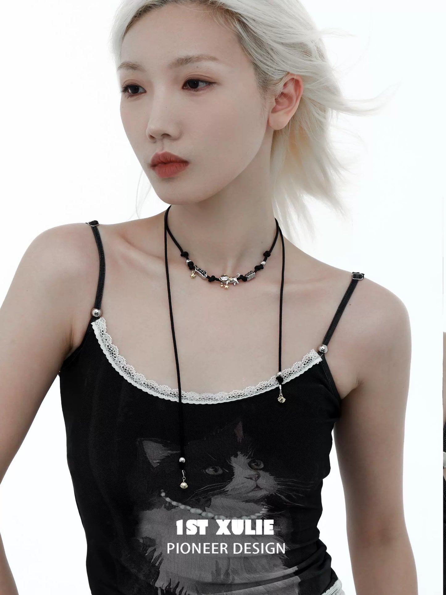 Y2K kitty leather necklace featuring unique beads and a stylish design, perfect for trendy outfits