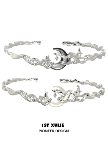 Y2K moon orchid silver couple bracelet featuring whimsical design with stars and moon accents