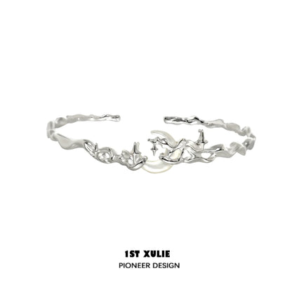 Y2K moon orchid silver couple bracelet featuring a unique wavy design and floral accents
