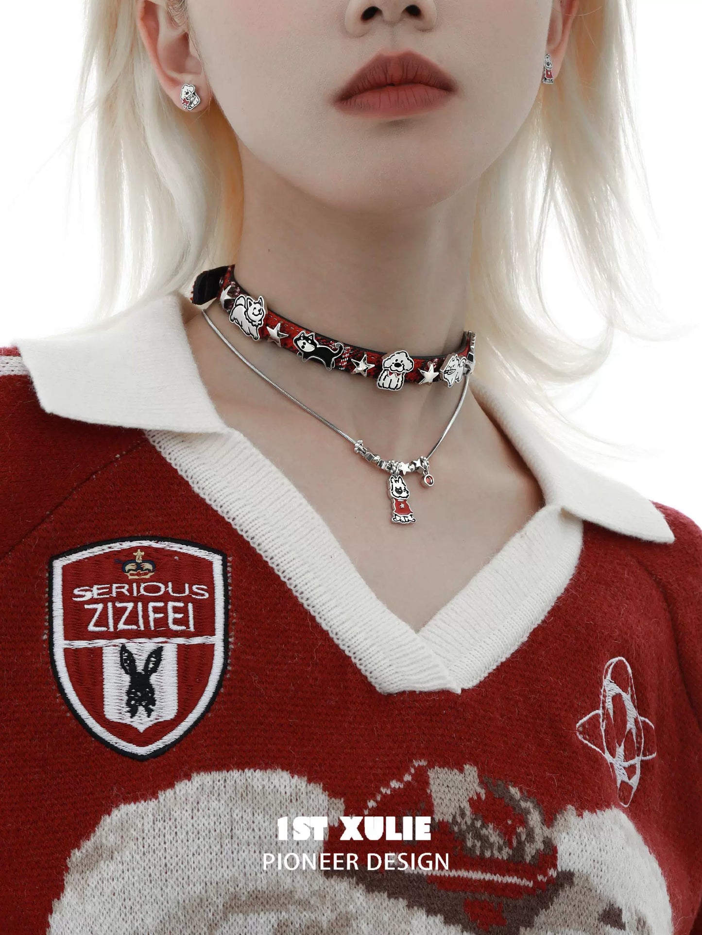 Y2K playful pup necklace featuring colorful charms on a trendy choker for a stylish look