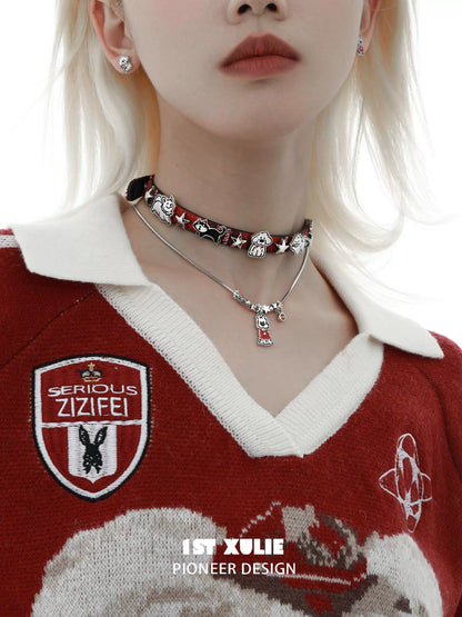 Y2K playful pup necklace featuring colorful charms on a trendy choker for a stylish look