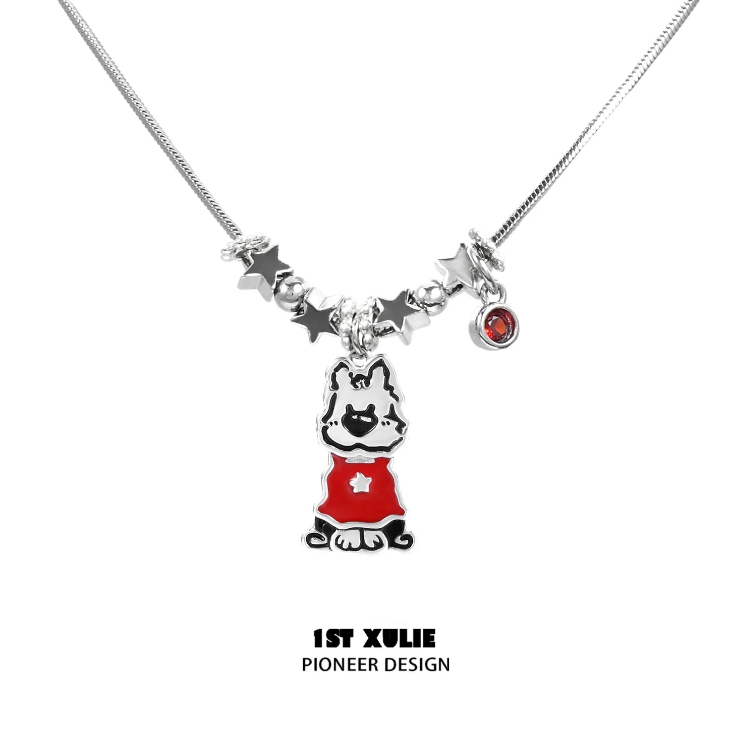 Y2K playful pup necklace featuring a charming dog pendant with star charms and a red gemstone