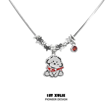 Y2K playful pup necklace featuring a cute dog charm with red scarf and silver star accents
