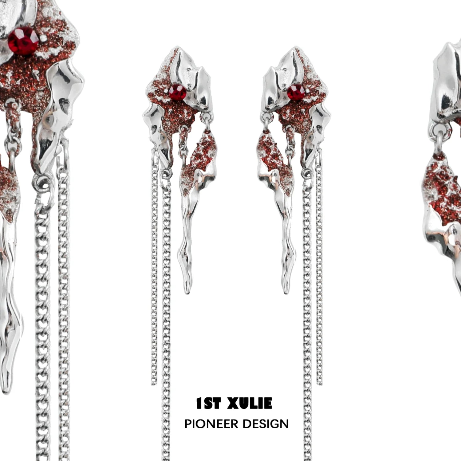 1ST XULIE Y2K post-apocalyptic earrings with sparkling details and dangling chains for a bold statement