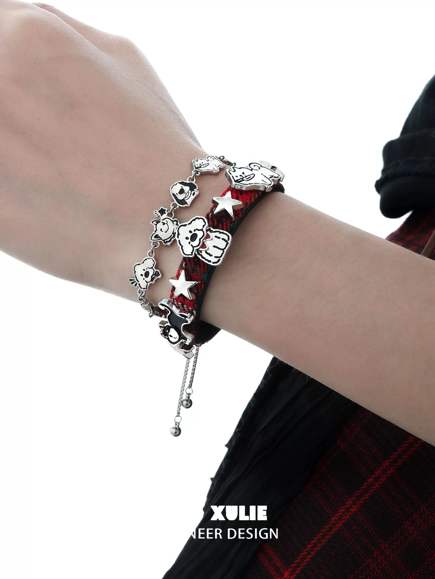 Y2K puppy bracelet with cute dog charms and red plaid design for trendy accessory lovers