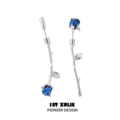 Y2K rose silver earrings featuring a delicate design with a blue rose detail