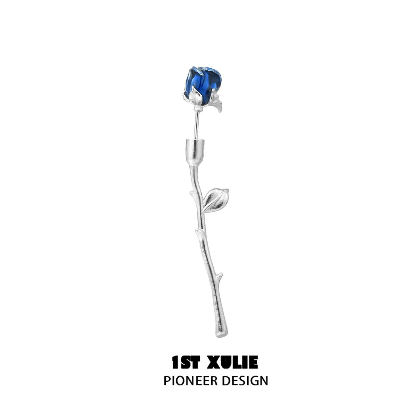 Y2K rose silver earrings featuring a delicate blue rose design on a silver stem