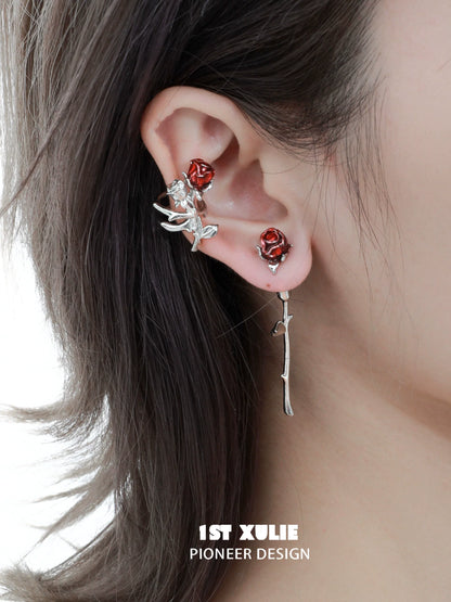Y2K rose silver earrings featuring delicate floral designs and vibrant red rose accents