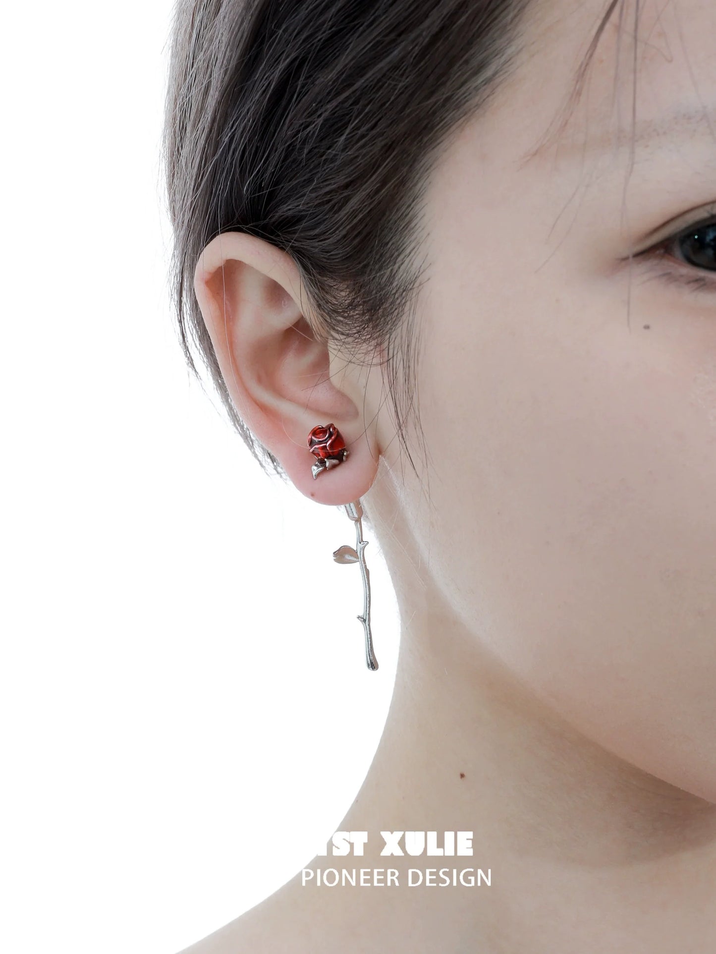 Y2K rose silver earrings featuring a delicate rose design and a hanging stem for a trendy look