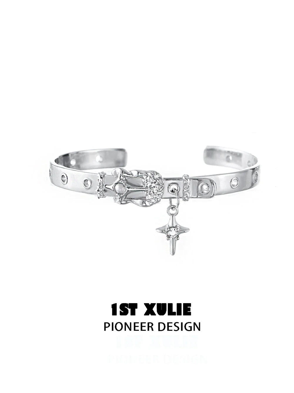Y2K silver belt bracelet featuring a stylish design with charms and sparkling details